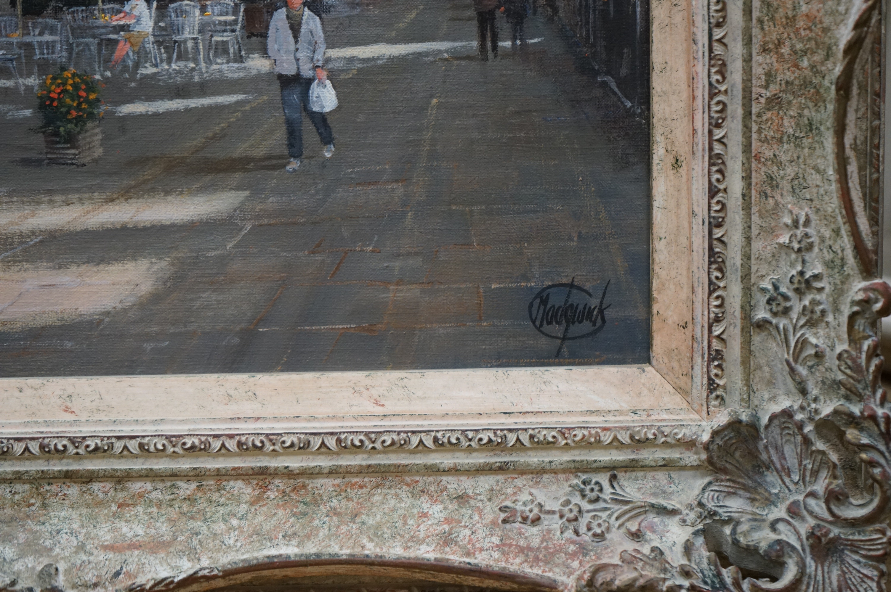 Clive Madgwick RBA (1934-2005), oil on canvas, 'The conversation, France', signed, gallery label verso, 34 x 44cm, ornate frame